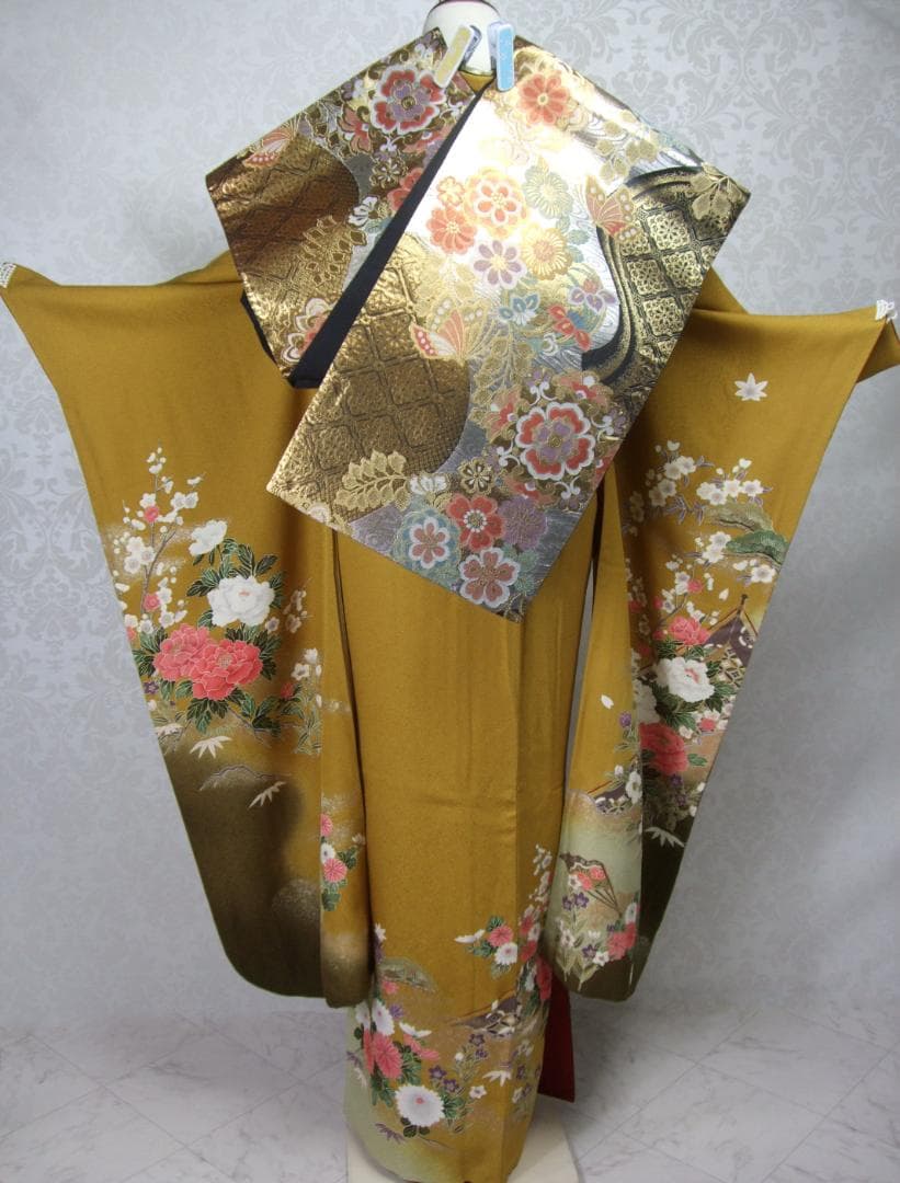 古典柄/牡丹桜/ぼかし染め/金駒刺繍/振袖フルセット　ｍ97　成人式