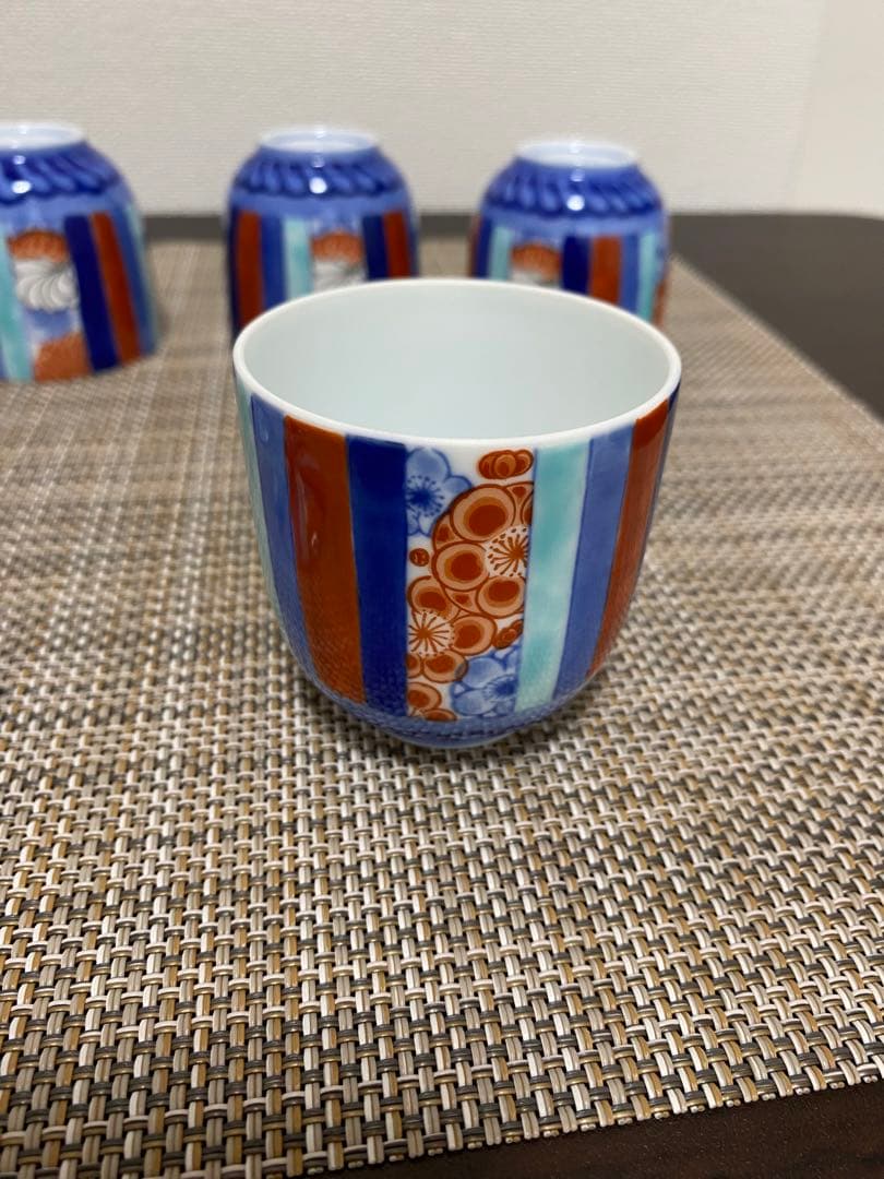 深川製磁　染錦　四君子柄　蓋付煎茶碗 五客セット