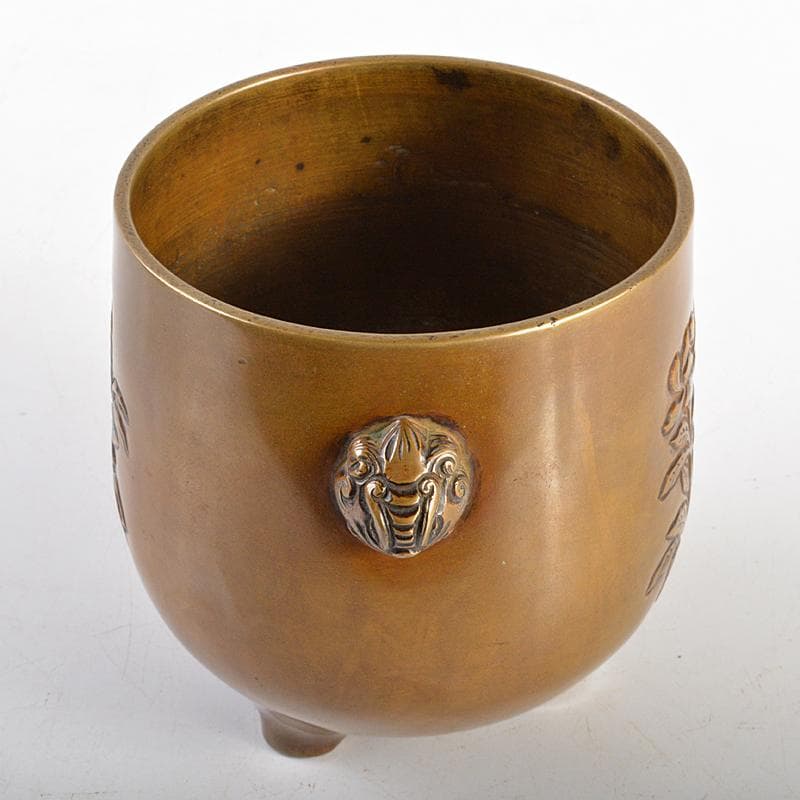 金屋五郎三郎 　宣徳銅　双耳花文　三足火入　共箱　F　R7007