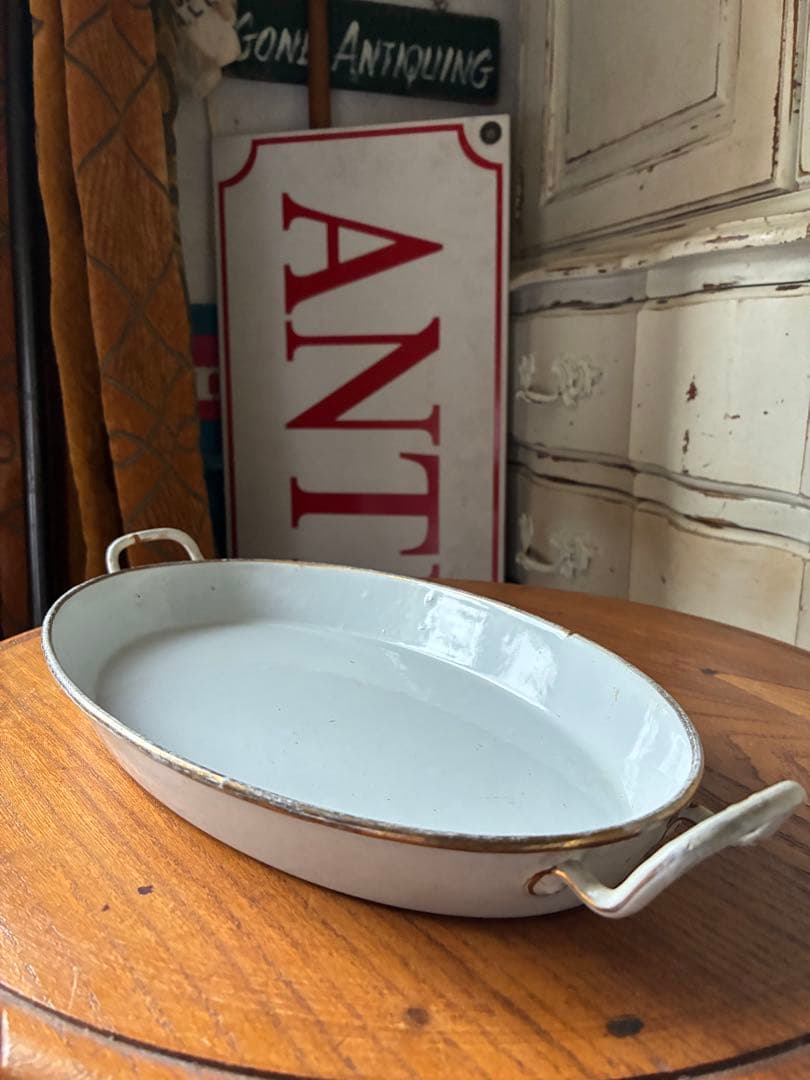 マンズアンティーク　ホーロー プレート　オーバル　お皿　トレイ手書き　レア