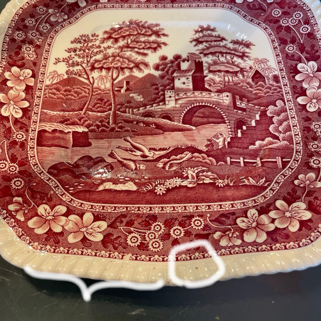 スポード　持ち手付き四角大皿　ピンクタワー　1970年代製Spodeで購入　新品