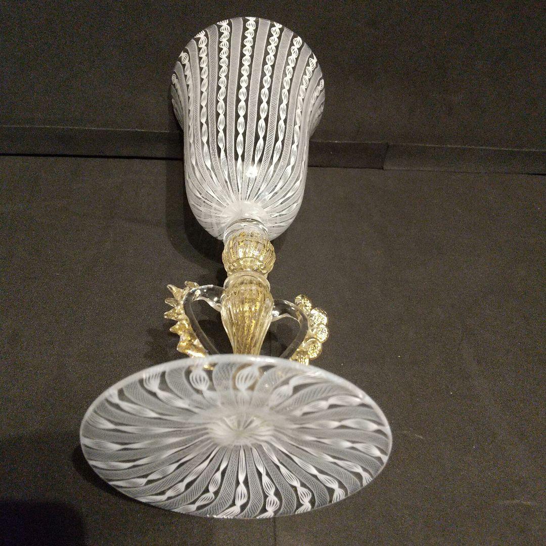 ベネチアングラス ムラ―ノガラス レ―ス模様 大型ワイングラス