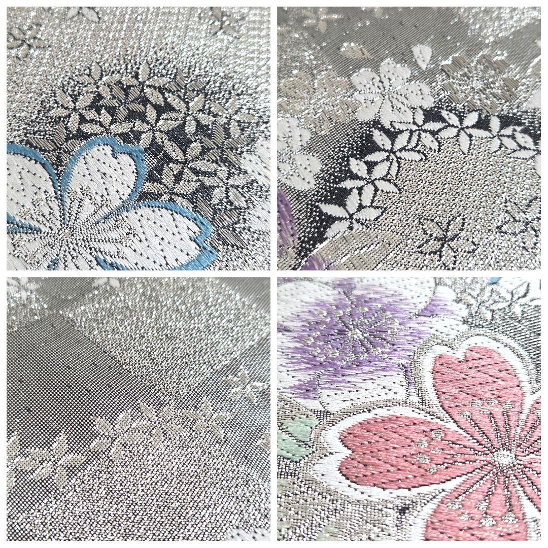 B◆着物くつろぎ 桜の花模様 銀糸 黒 市松 六通 正絹 フォーマルな袋帯