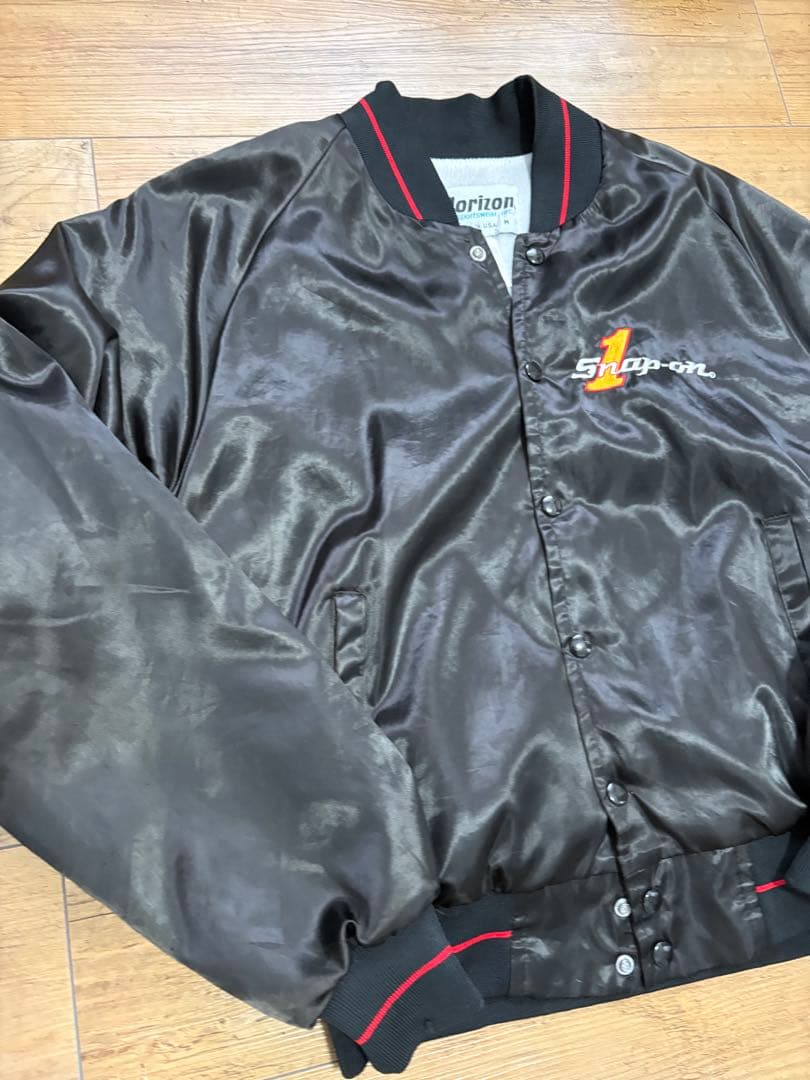USA製 Snap-on 刺繍 サテンジャケット ラグラン ブラック M