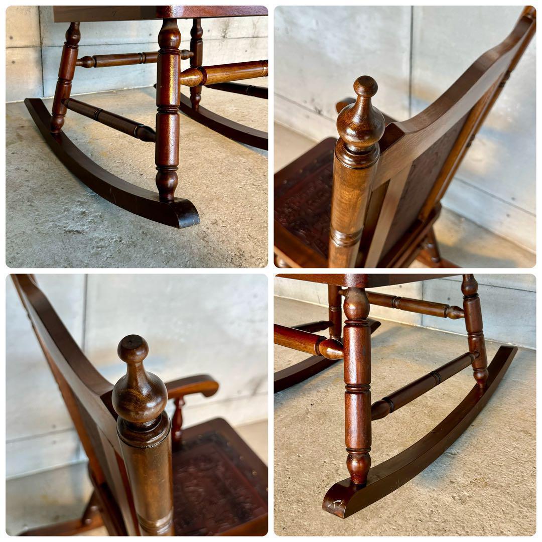 ✦ レトロ アンティーク調ロッキングチェア ✦ 木製×レザー 彫刻装飾ビンテージ