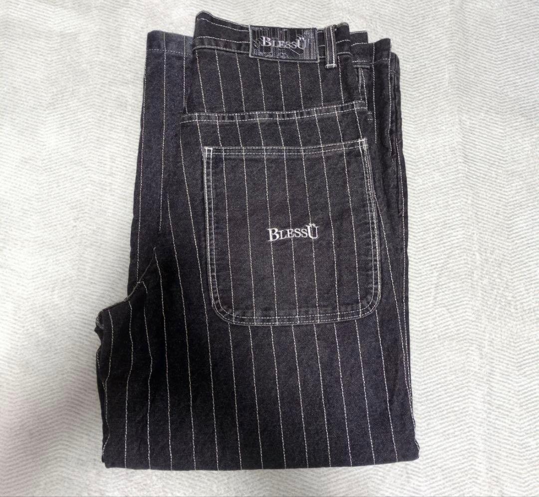 BlessU ブラックストライプ ワイドパンツ