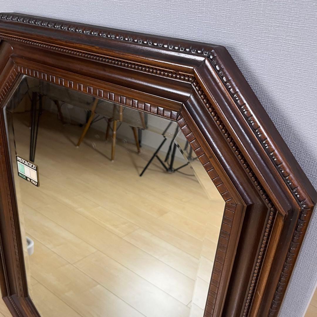 イタリア製 鏡 八角形 木製フレーム スタンドミラー 88cm 大型