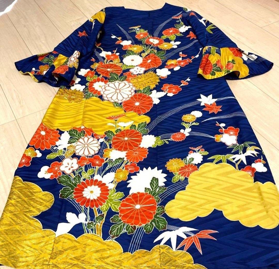 【ひより】正絹　古典柄　振袖リメイクフレアドレス　紺