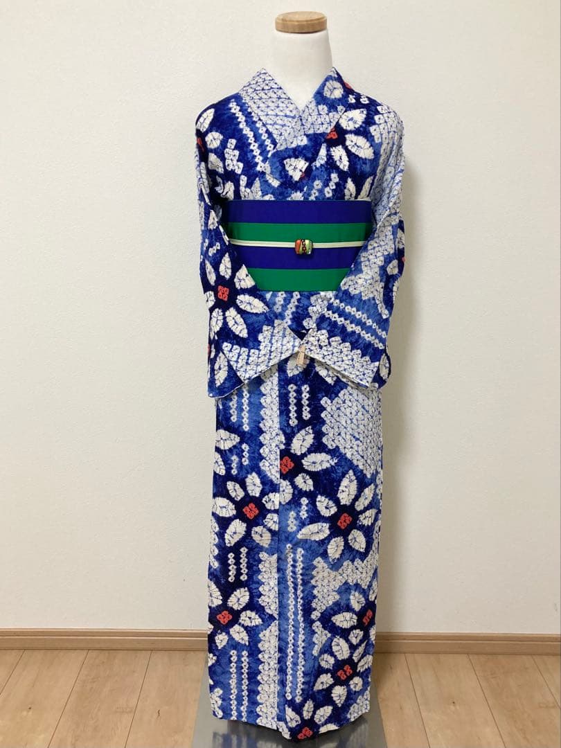 浴衣　有松鳴海絞り　縞と鉄線　裄68.5cm