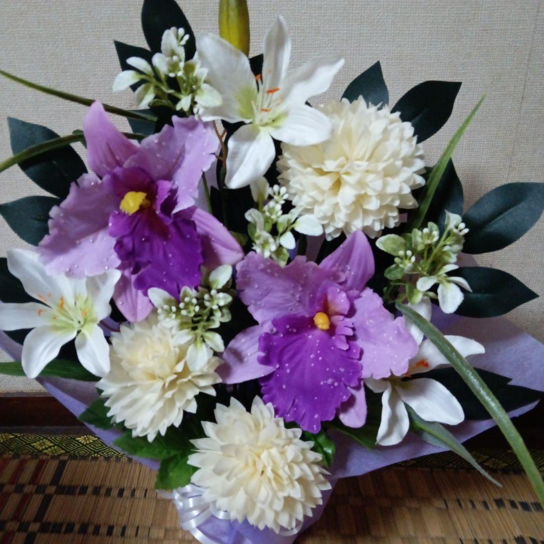 仏花、御供え花、造花アレンジカトレア