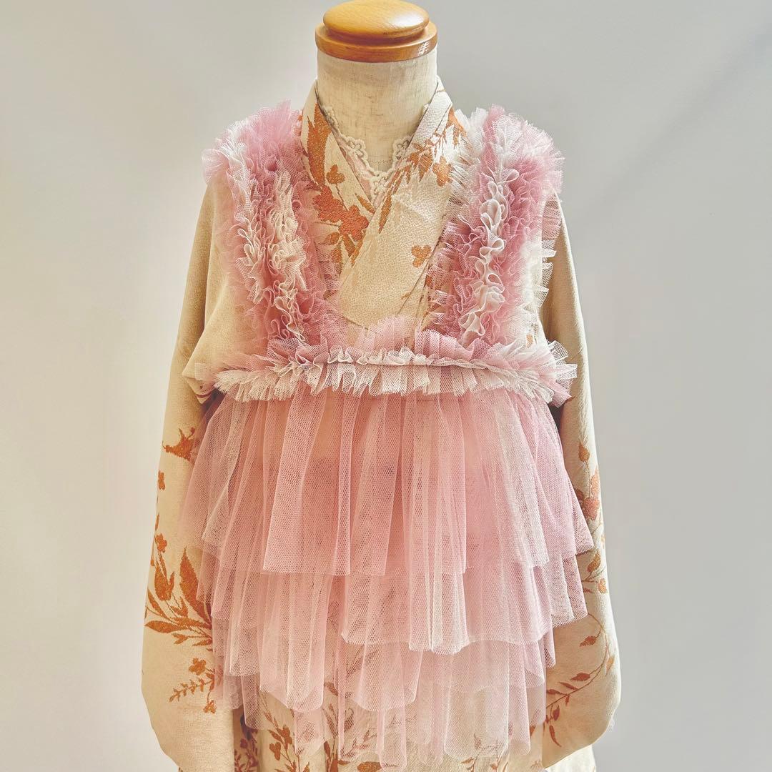 被布エプロン【ピンクベージュフリル】チュール被布　七五三　チュールドレス　被布