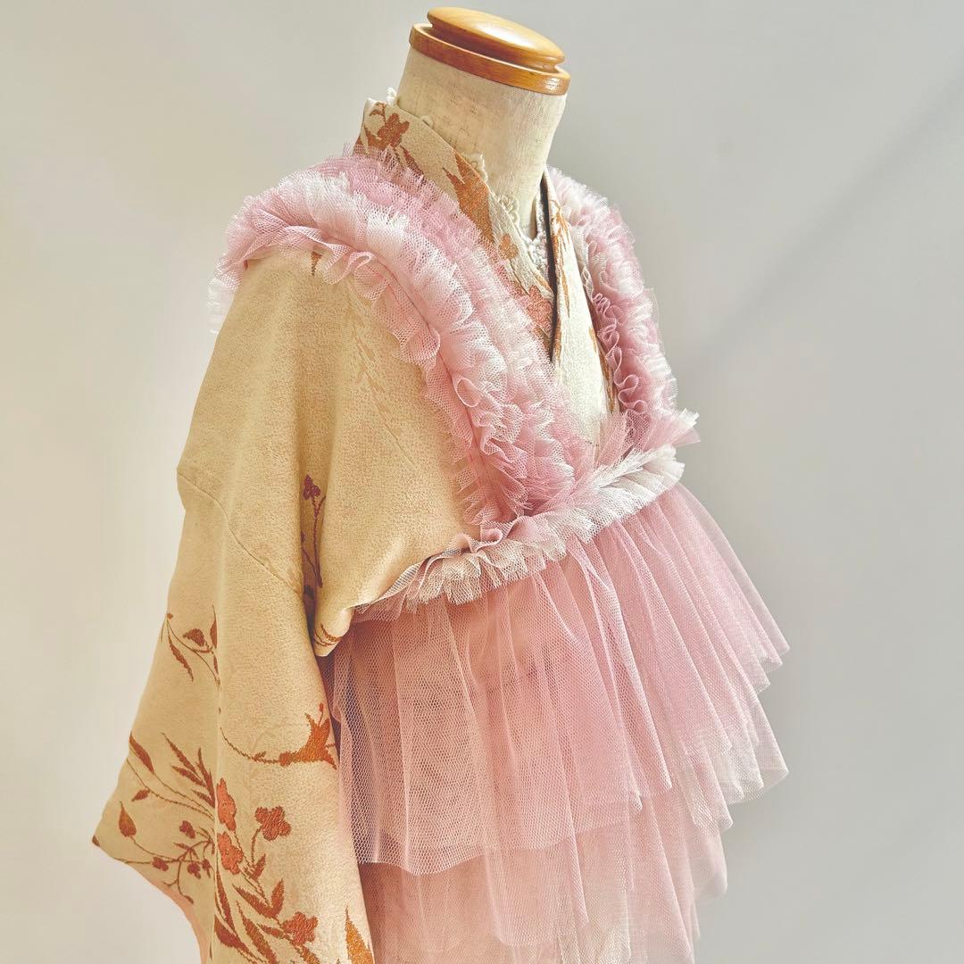 被布エプロン【ピンクベージュフリル】チュール被布　七五三　チュールドレス　被布