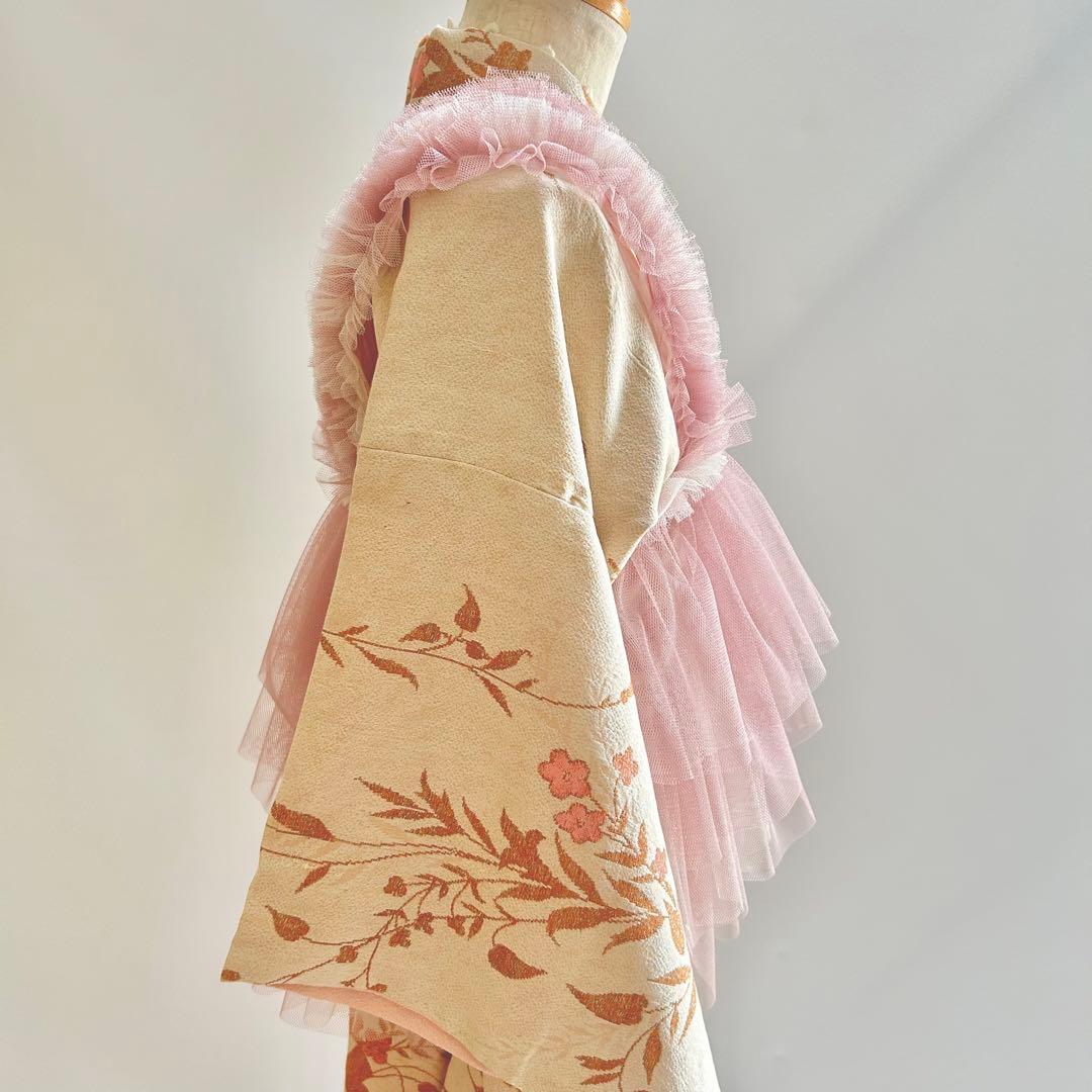 被布エプロン【ピンクベージュフリル】チュール被布　七五三　チュールドレス　被布