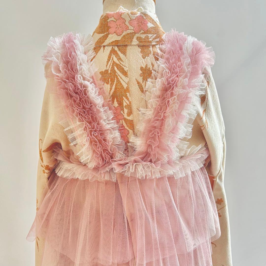 被布エプロン【ピンクベージュフリル】チュール被布　七五三　チュールドレス　被布