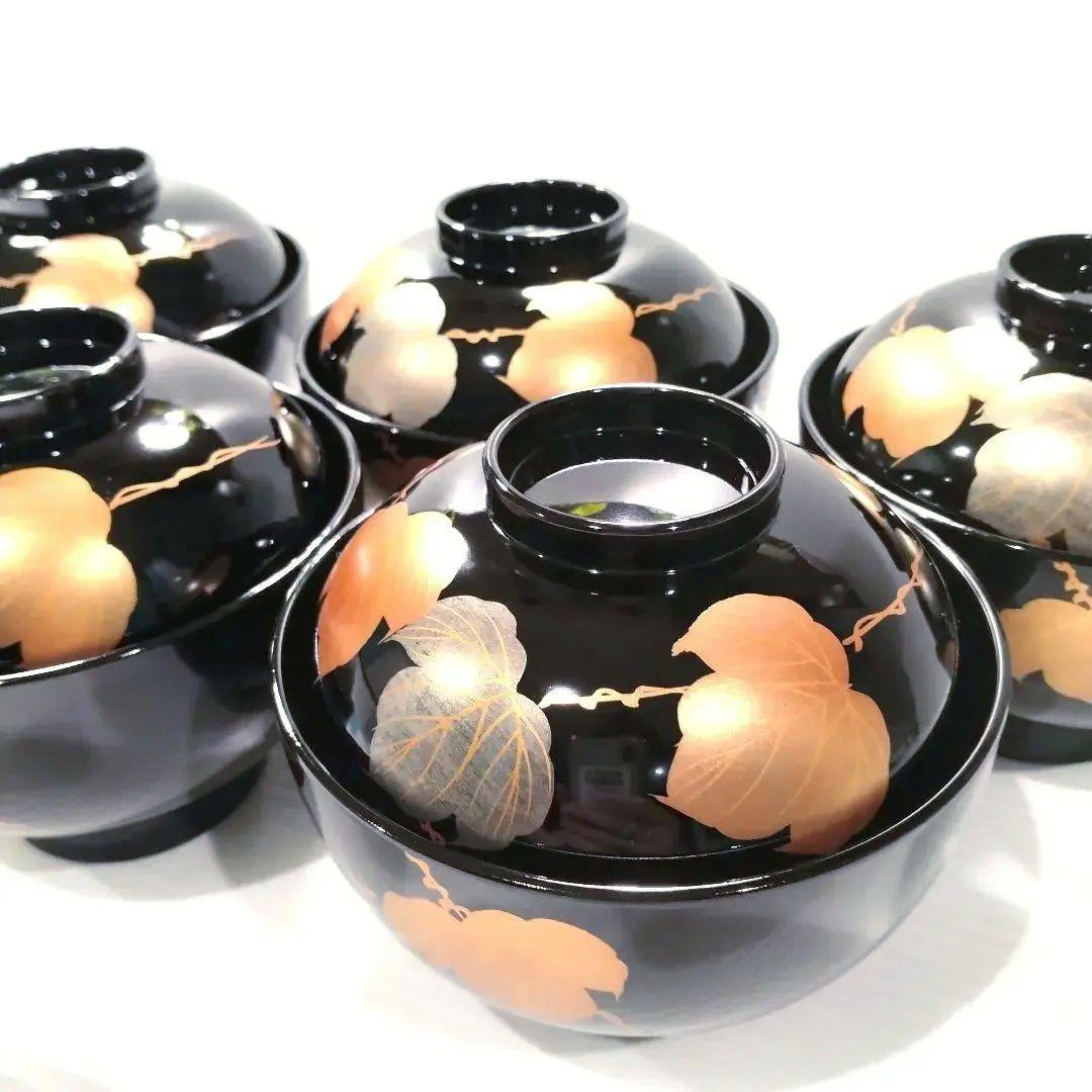 高級 山中漆器 吸椀 木硬 蓋付き 汁椀 黒金 金箔 金蒔絵 漆器 5客揃