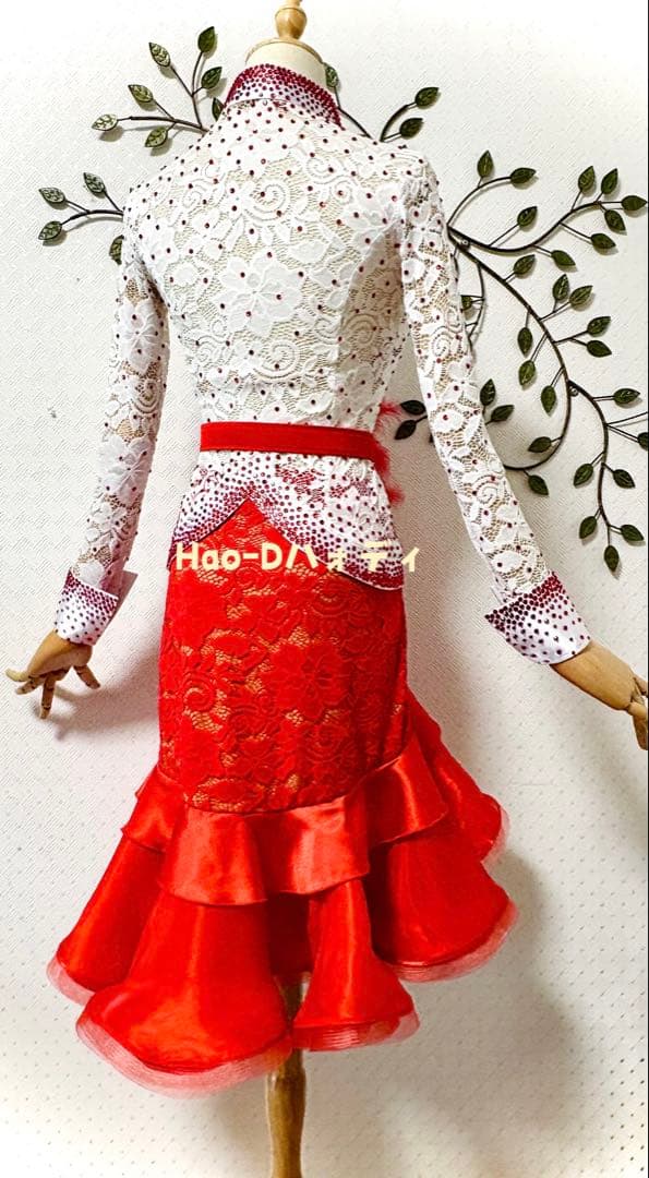 新品★ラテンドレス★伸縮★M★社交ダンス★セット★競技会★白赤