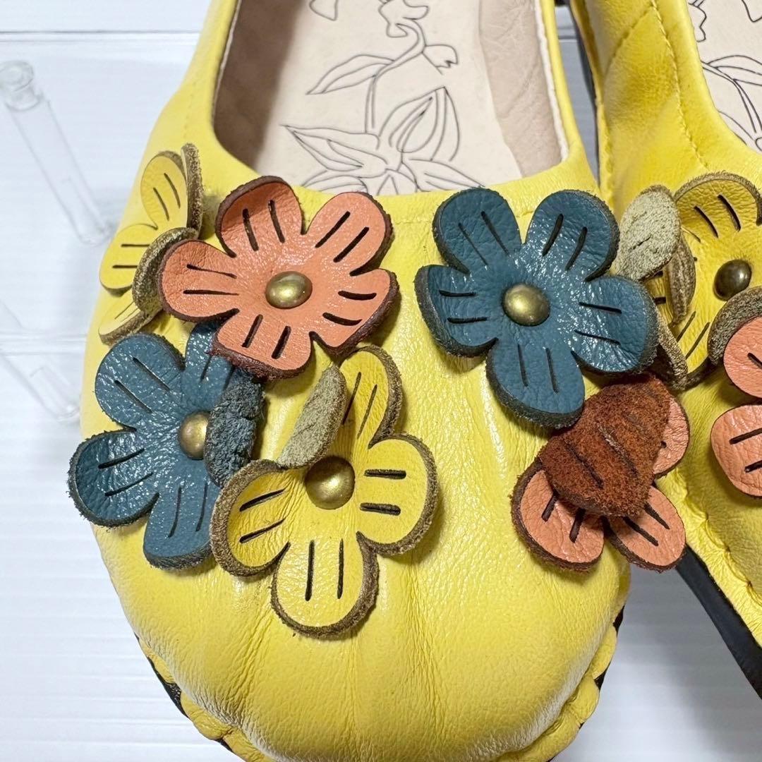 Estacion エスタシオン 小花立体フラワーモチーフ本革フラットパンプス