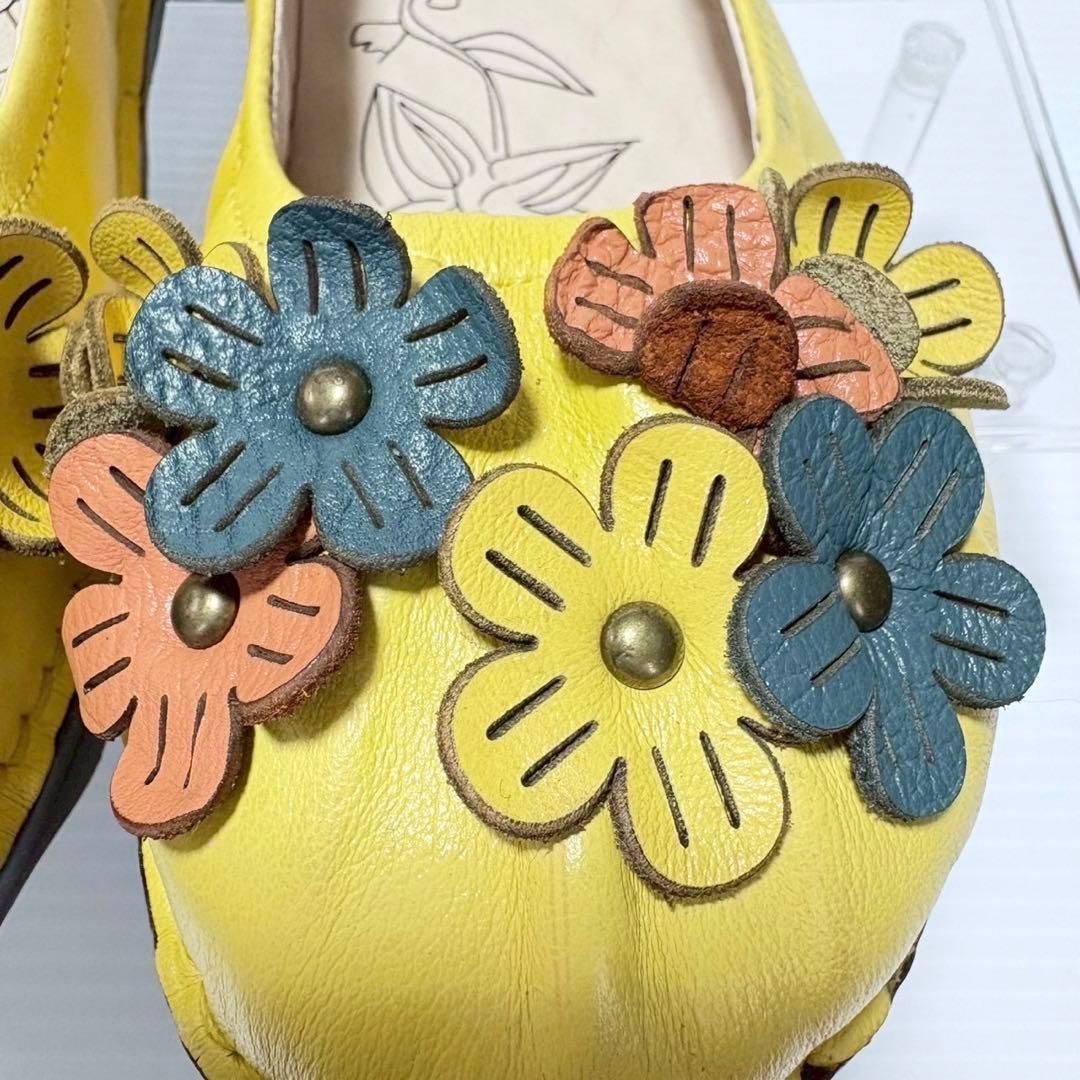 Estacion エスタシオン 小花立体フラワーモチーフ本革フラットパンプス