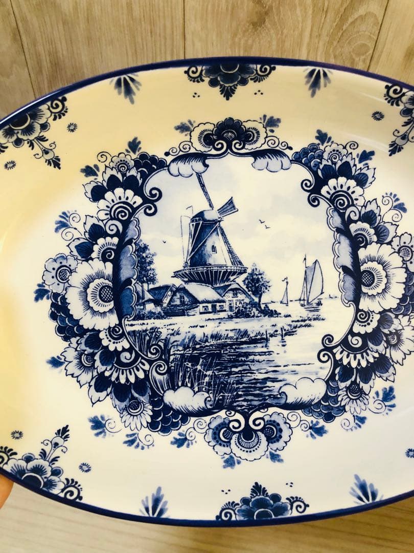【希少1970年代】デルフト オランダ 手描きオーバル皿 新品未使用品☆