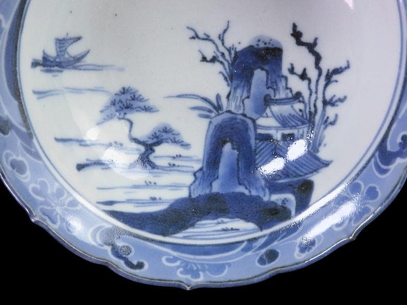 古伊万里　染付　墨弾　桜花に波　楼閣山水図　膾皿　５客　A634AS-CVz