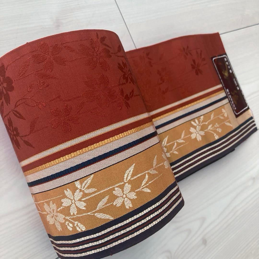 本場筑前博多織　半幅帯　織り出し　花模様　縞模様　未使用 正絹　No.2-22