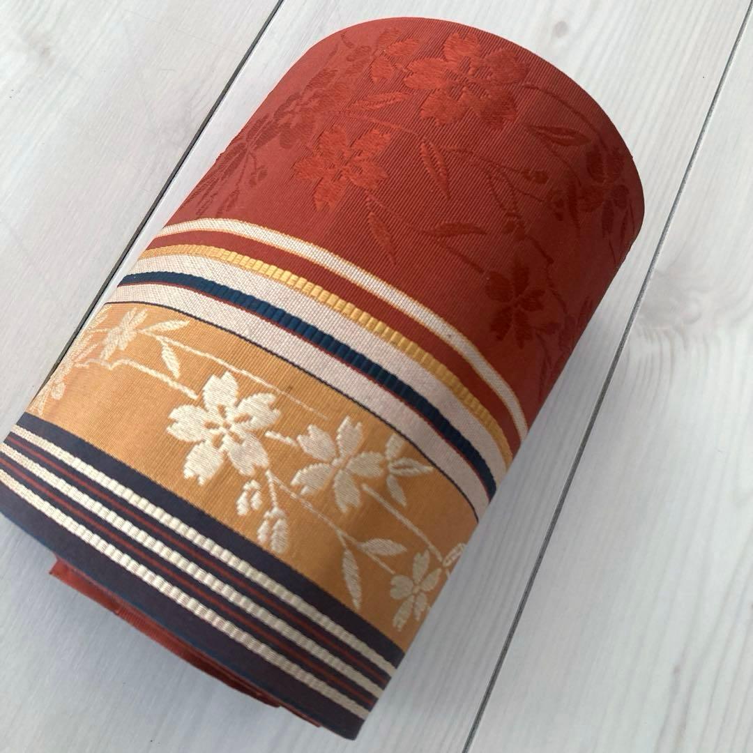 本場筑前博多織　半幅帯　織り出し　花模様　縞模様　未使用 正絹　No.2-22