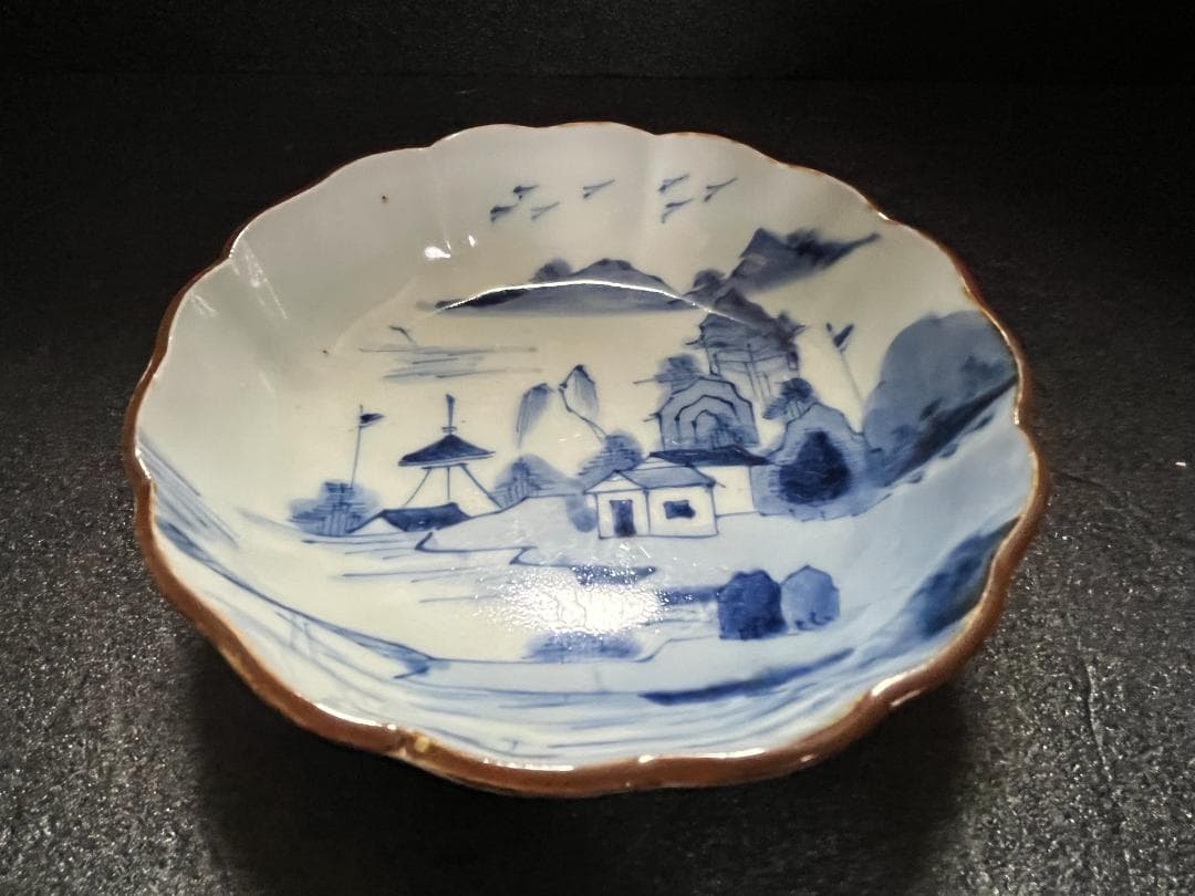 古伊万里　輪花　高台　なます皿　染付　山水　家屋　７客