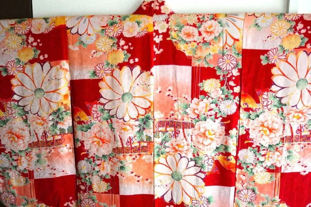 アンティーク四つ身　子ども着物　七五三　お雛祭りに　市松に花薬玉　大正ロマン