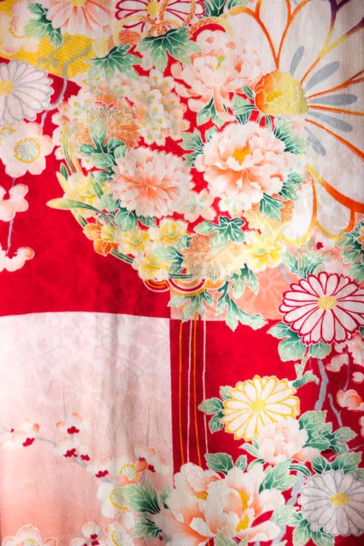 アンティーク四つ身　子ども着物　七五三　お雛祭りに　市松に花薬玉　大正ロマン