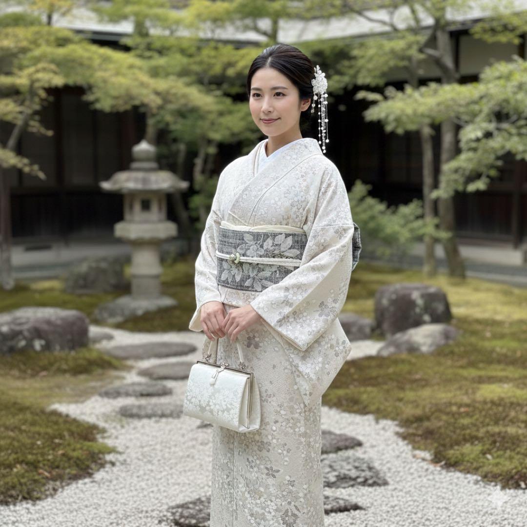 【極美品】袋名古屋帯 八寸帯 モダン ボタニカル 花草模様 織り 紬 絹 425