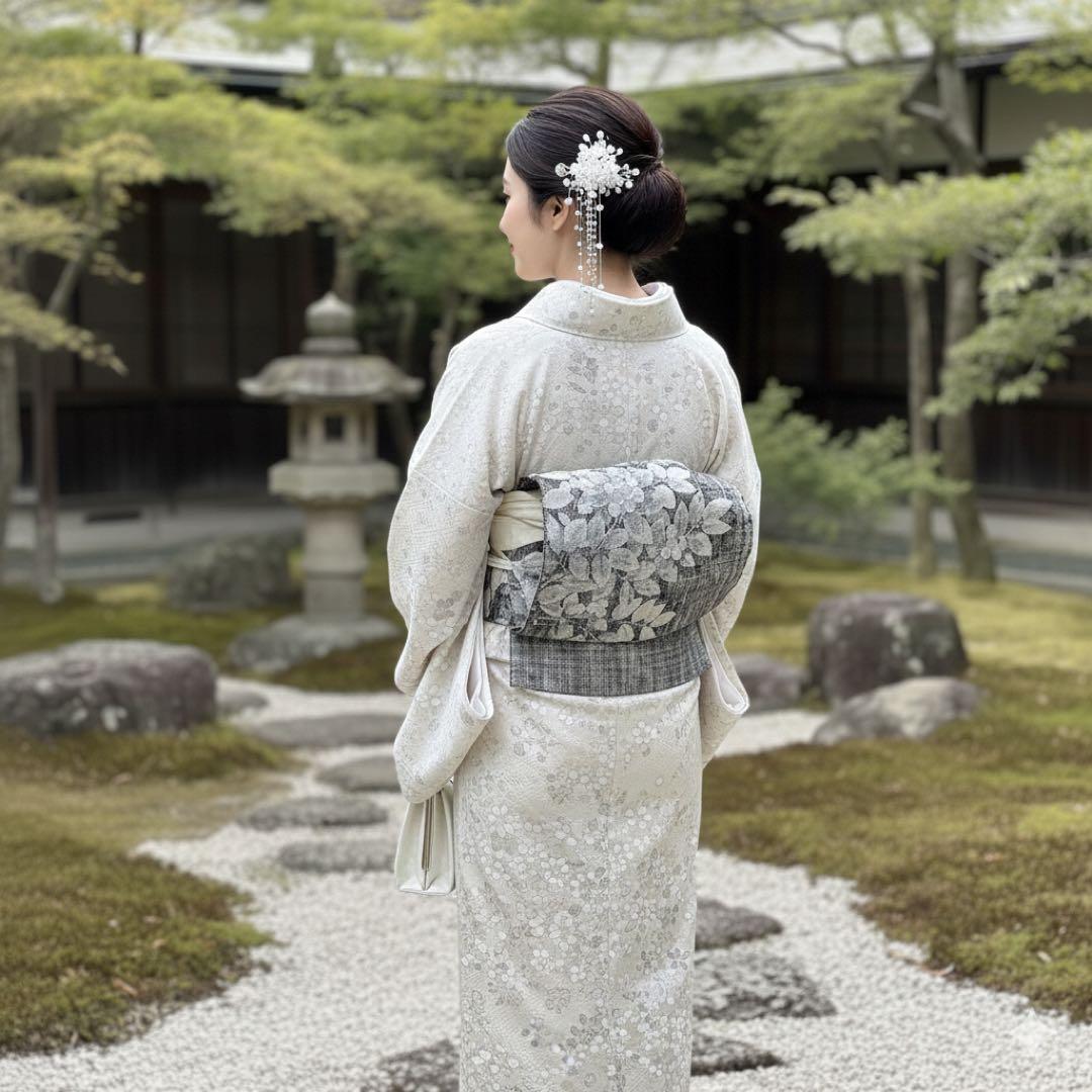 【極美品】袋名古屋帯 八寸帯 モダン ボタニカル 花草模様 織り 紬 絹 425