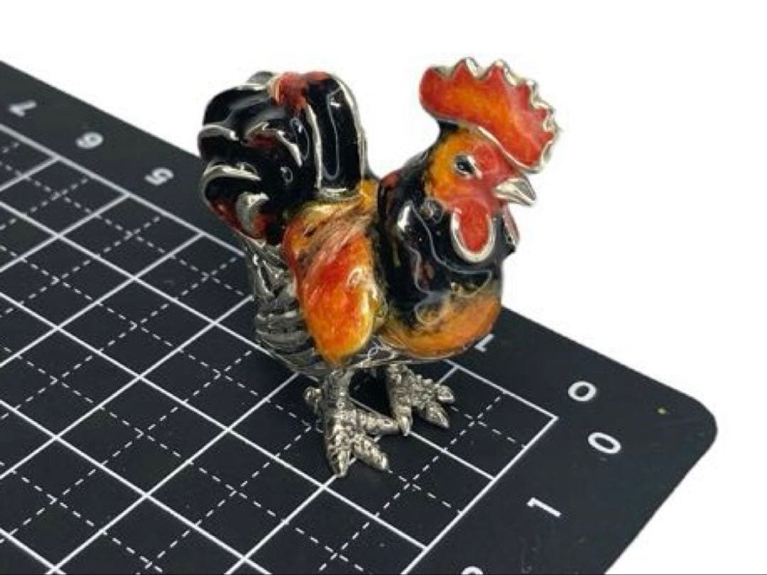 サツルノ　銀細工　SV925　雄鶏　長鳴鳥　フュギュリン　エナメル彩色　伊製