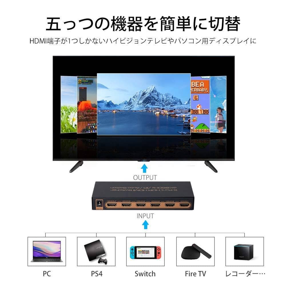 HDMI切替器 5入力1出力 リモコン付き
