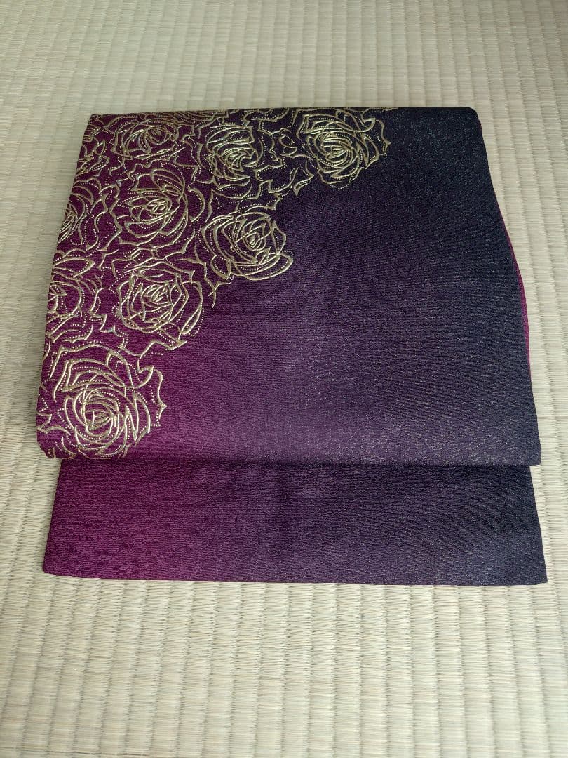 【中古】金彩　名古屋帯　薔薇　ボルドー赤紫グラデーション