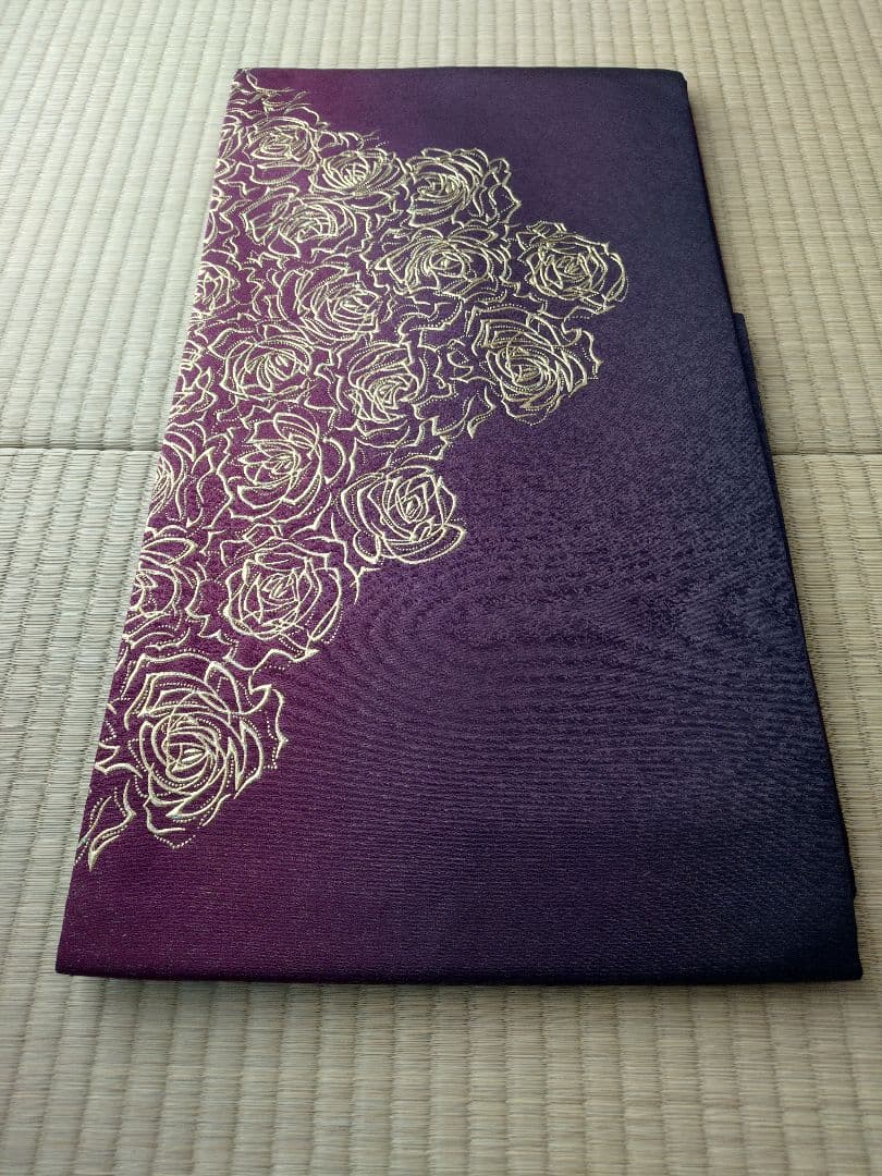 【中古】金彩　名古屋帯　薔薇　ボルドー赤紫グラデーション