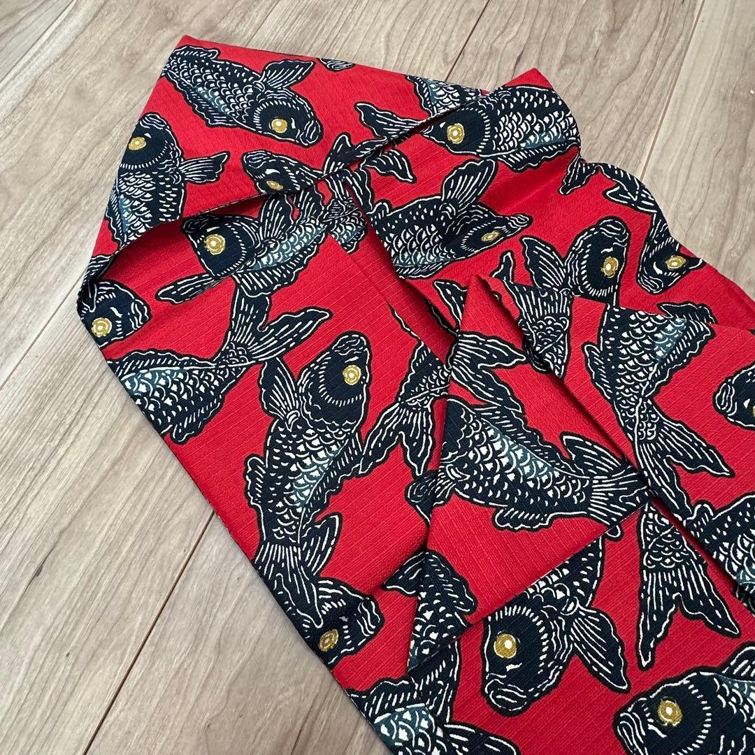 超美品　正絹　着物 和服　名古屋帯　赤　紺　鯉　371 アンティーク　個性的