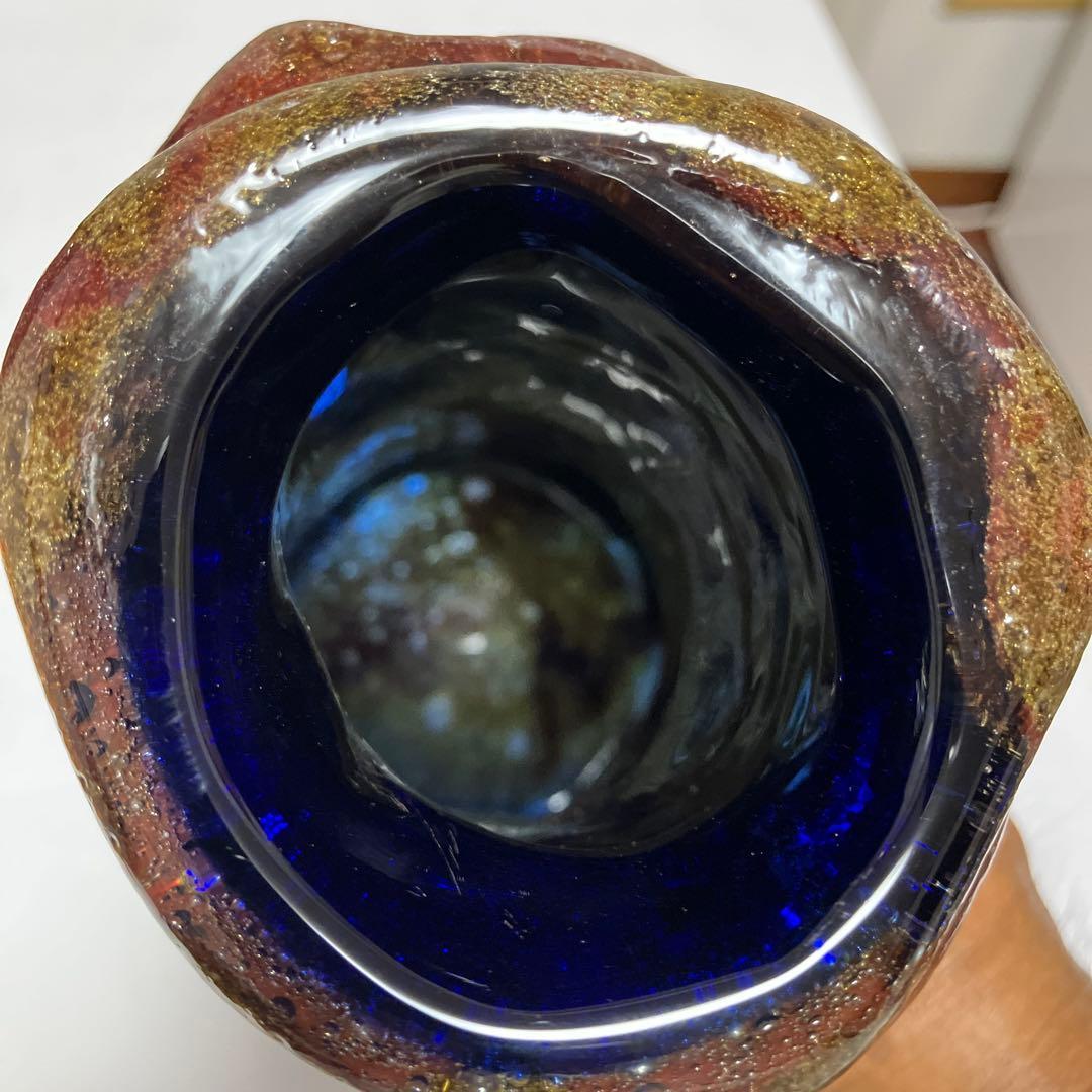 沖縄　琉球ガラス　【故】稲嶺盛吉作　花瓶　宙吹ガラス工房虹　現代の名工