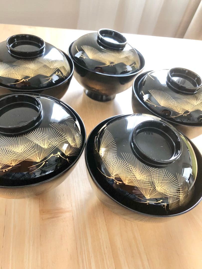 【輪島塗】【希少】木製漆器 吸物椀 蓋付き（見開きまで模様付き）5客セット