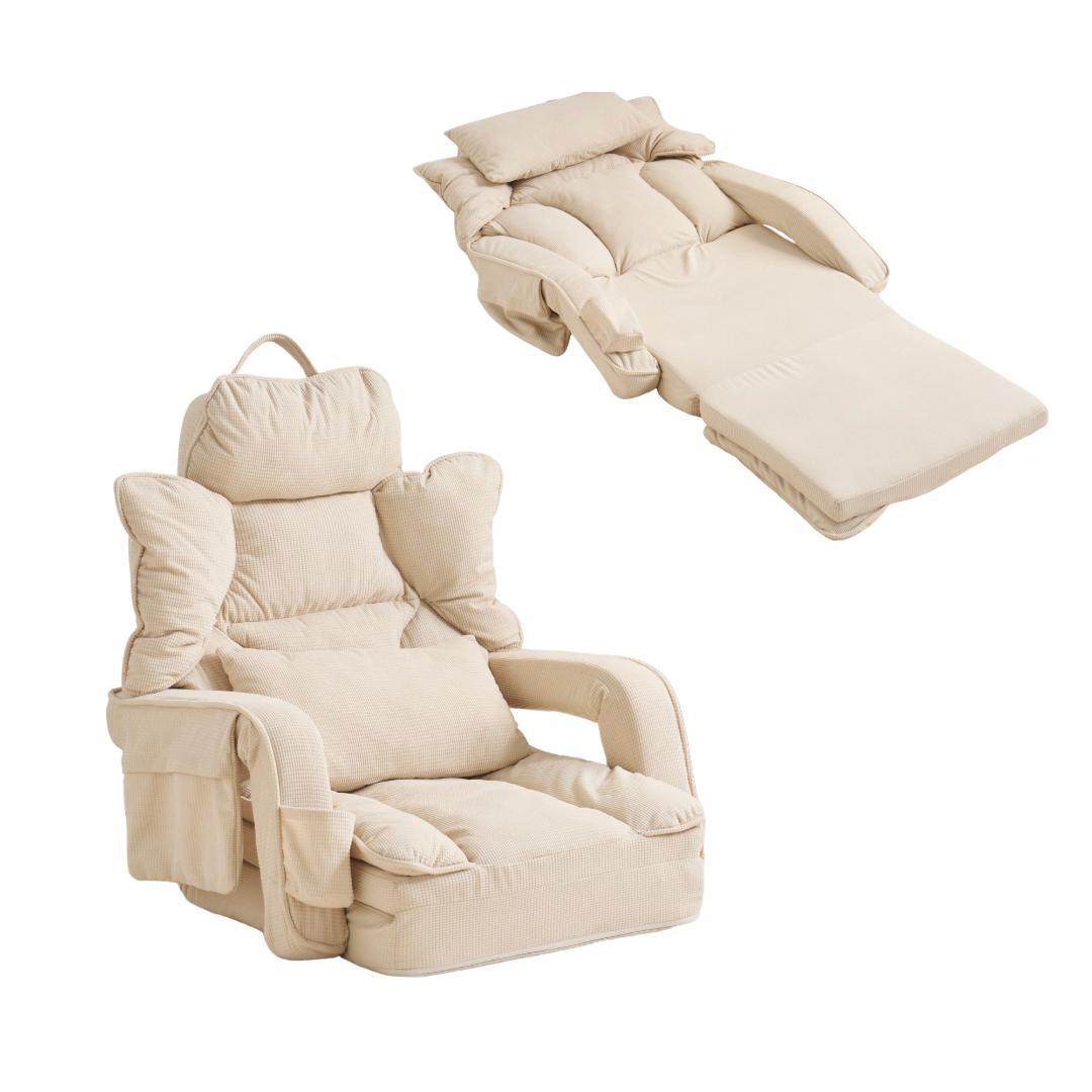 【アイボリー】座椅子 ソファー ソファーベッド 幅165㎝ 枕/収納ポケット付