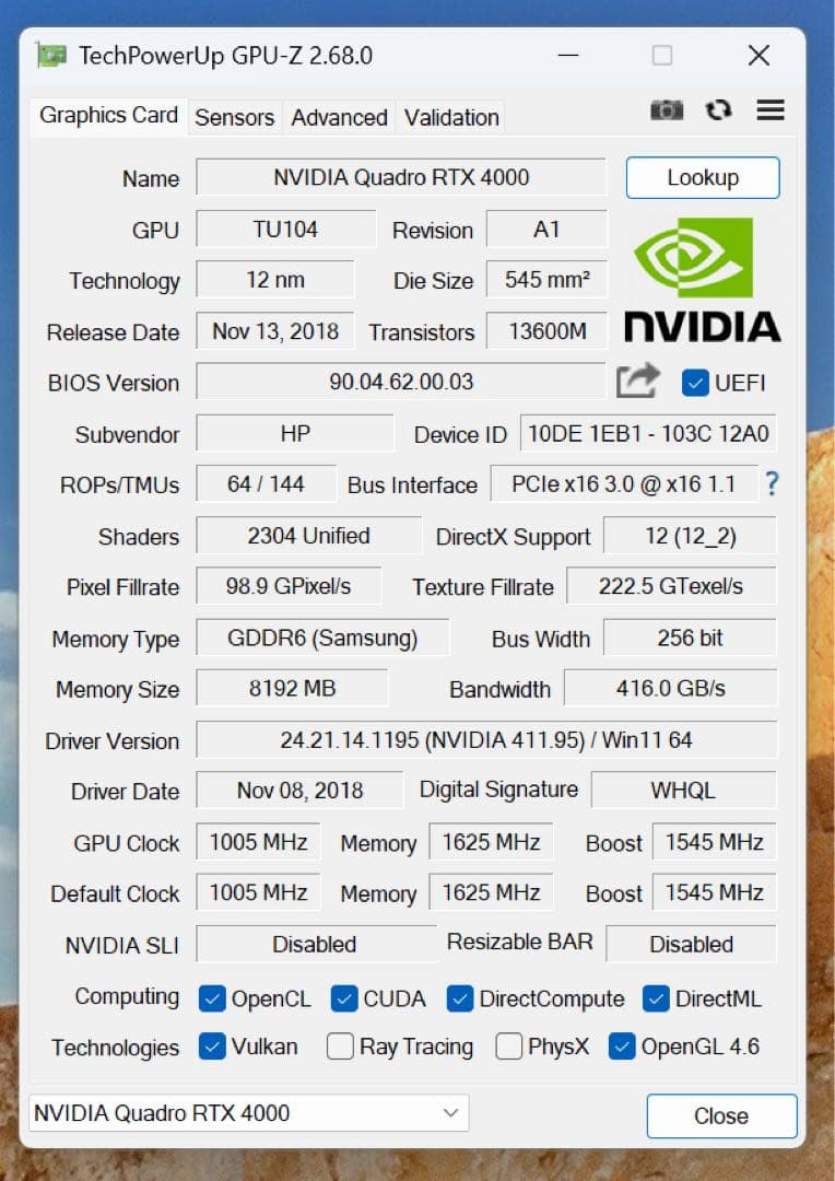 NVIDIA Quadro RTX 4000 8GB GDDR6 グラフィック