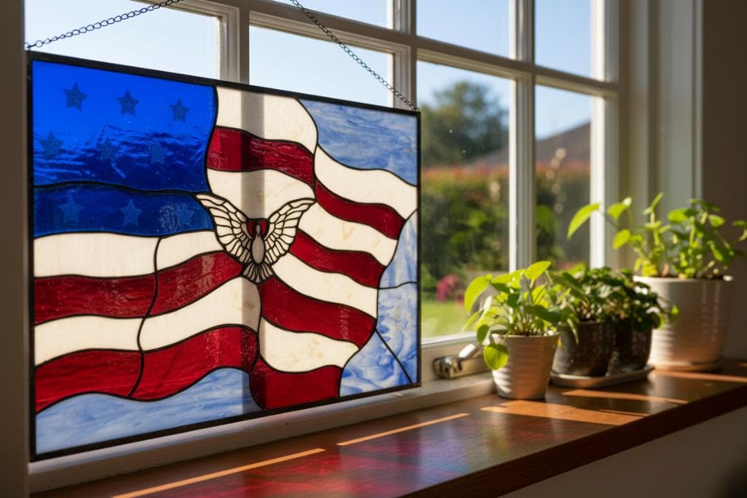 特大【61.5×39cm】ステンドグラスパネル アメリカンフラッグ 鳩 壁掛け