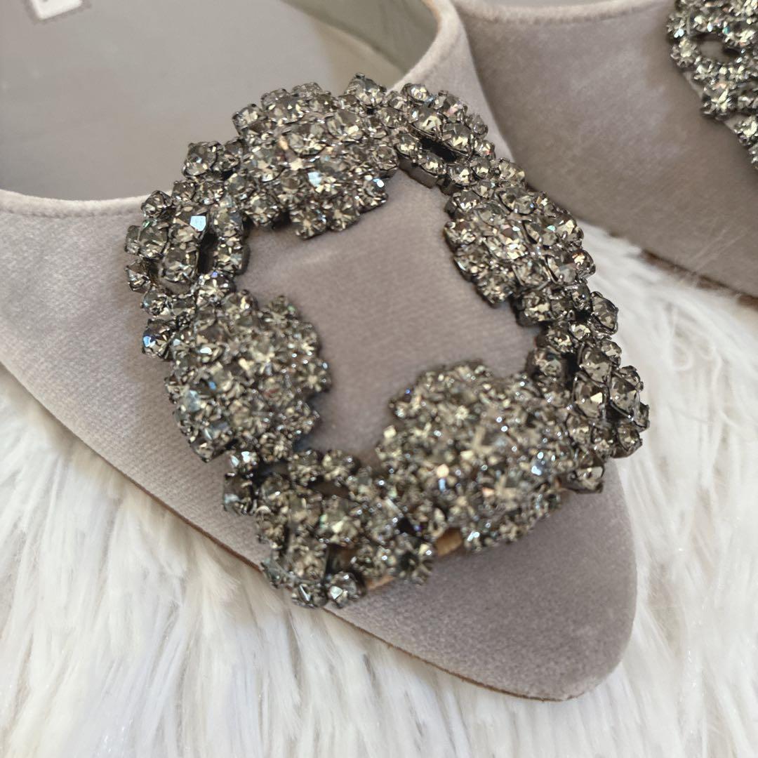 マノロブラニク　ハンギシ ビジュー　ベロア　35 パンプス　22cm グレー