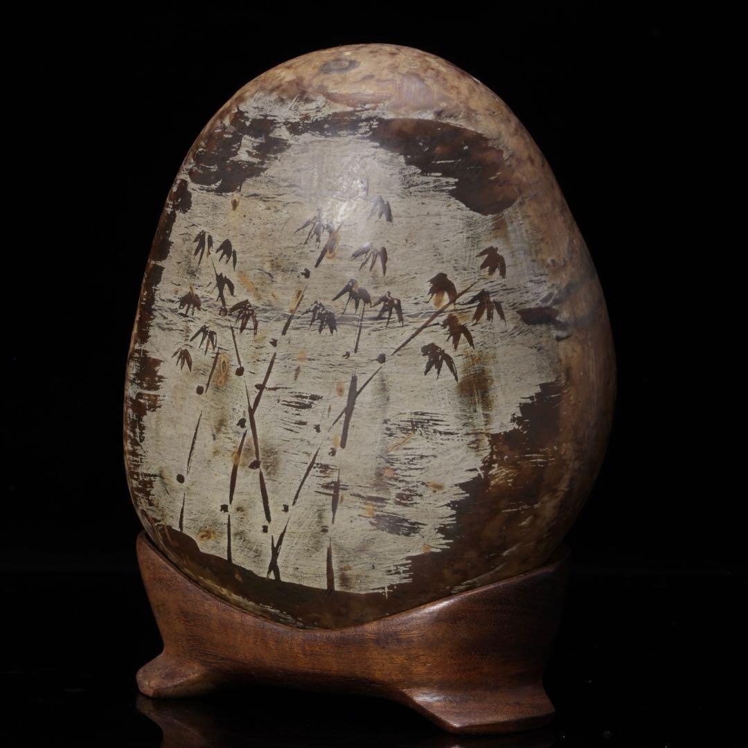 【希少・一点物】竹絵　水石 天然原石 鑑賞石 盆石 台座付　赤玉石　菊花石