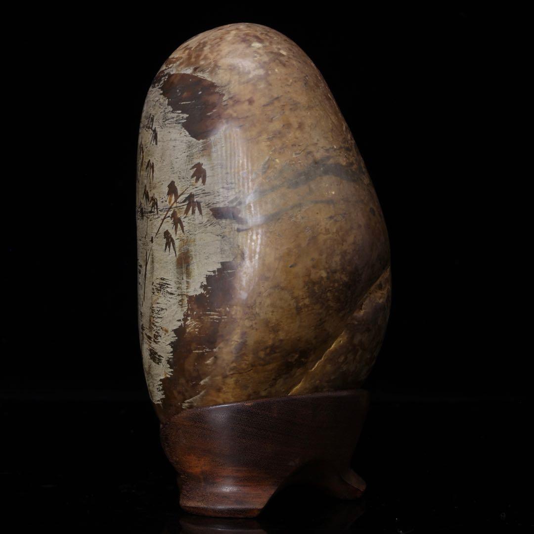 【希少・一点物】竹絵　水石 天然原石 鑑賞石 盆石 台座付　赤玉石　菊花石