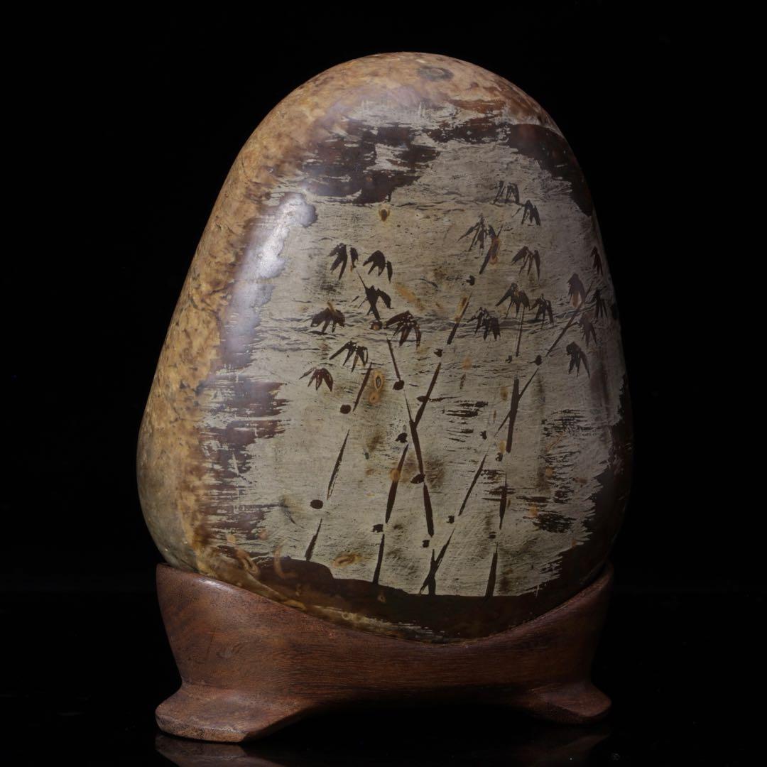 【希少・一点物】竹絵　水石 天然原石 鑑賞石 盆石 台座付　赤玉石　菊花石