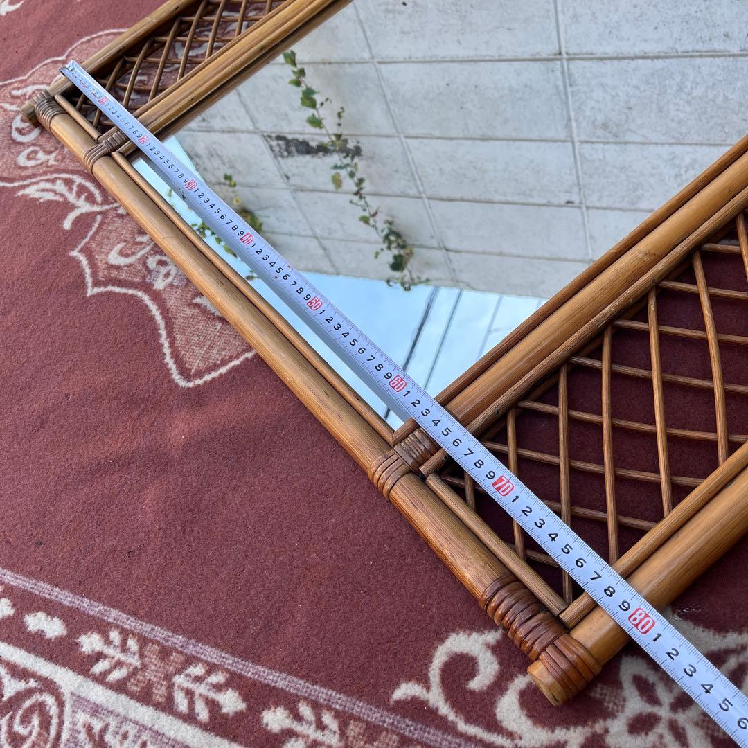 古雑貨ビンテージ品◾️籐ラタンパネル 壁掛けミラー ウォールミラー 鏡