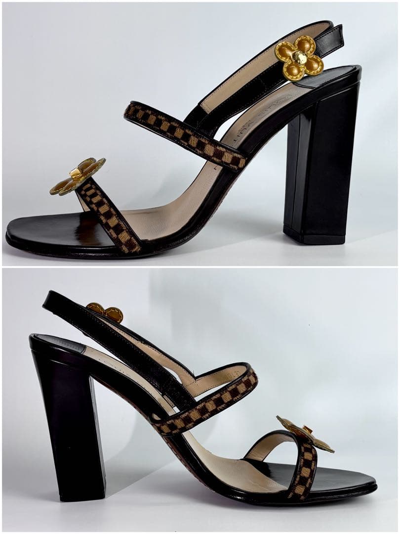 ルイヴィトン ダミエ ソバージュ ミュール ハラコ フラワー チャンキーヒール