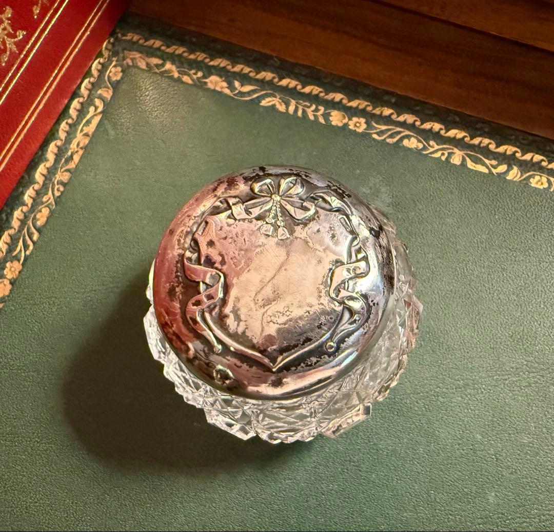 アンティーク カットガラス、 蓋は銀925、英国バーミンガム製