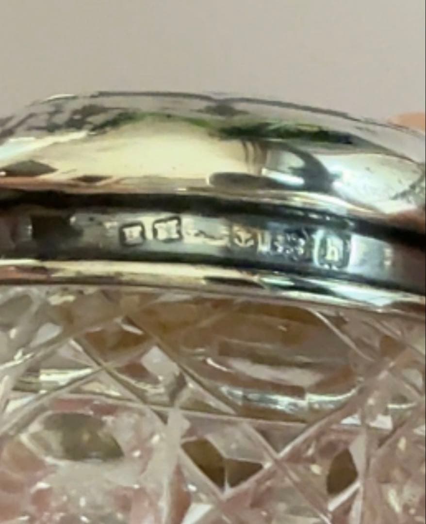 アンティーク カットガラス、 蓋は銀925、英国バーミンガム製