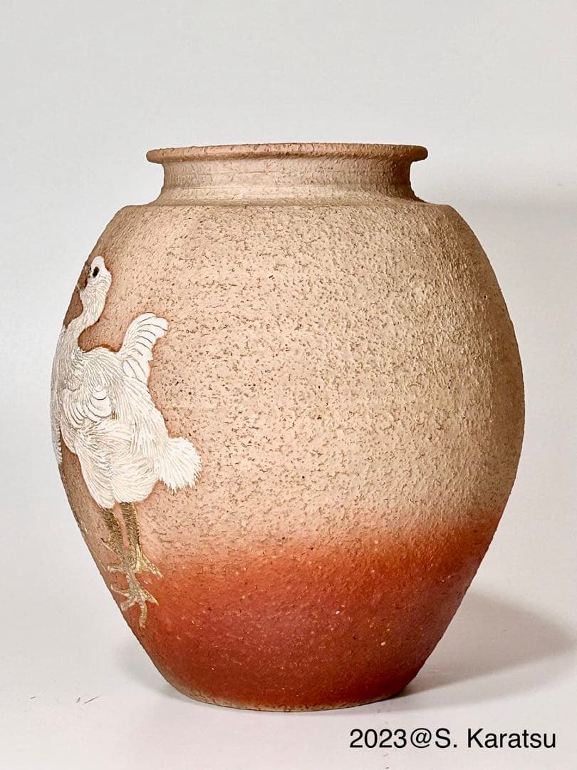 真葛香山 宮川香山 稀少 真砂肌雛鶴図花瓶 共箱付